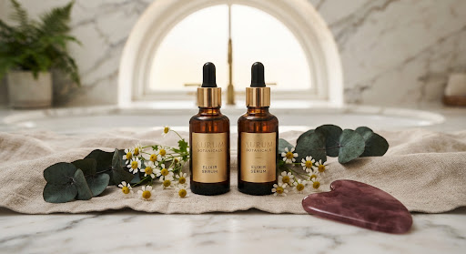 Natural skincare serum bottles with fresh botanicals