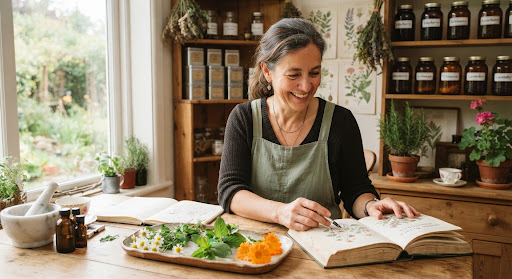 Herbalist reviewing fresh medicinal herbs and notes